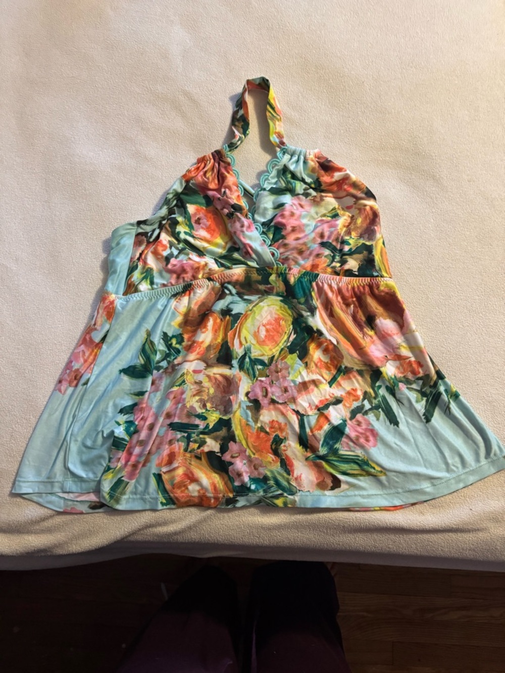 BECCA Floral Halter Camisole in Light Blue with Pink & Yellow Blooms☀️